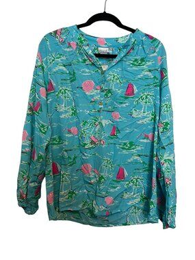 All For Color Womens Tropical Print Long Sleeve Blouse Size M